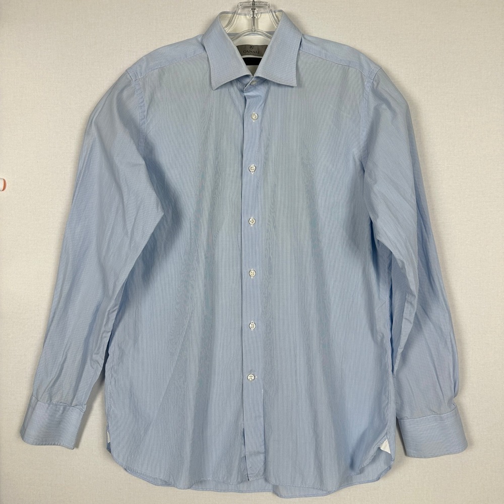 Canali Dress‎ Shirt Mens Blue Stripe Egyptian Cotton Italy 41 16